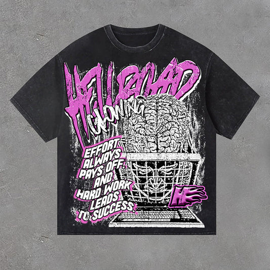 Hell Road Retro Brainstorm Print Acid Washed T-Shirt