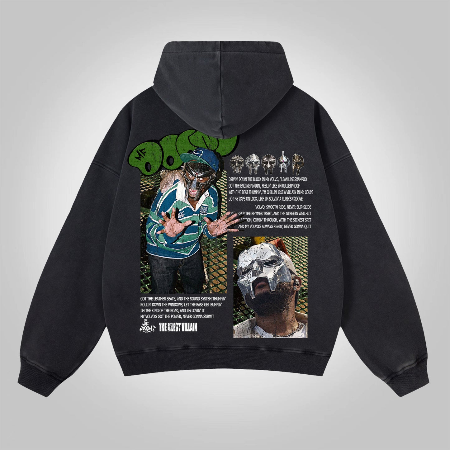 Vercoo Vintage The Illest Villain Mf Doom Graphic Washed Zip-Up Hoodie