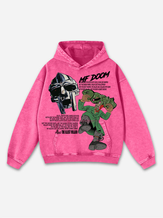 Vintage The Illest Villain Mf Doom Graphic Print Washed Distressed Pocket Hoodie