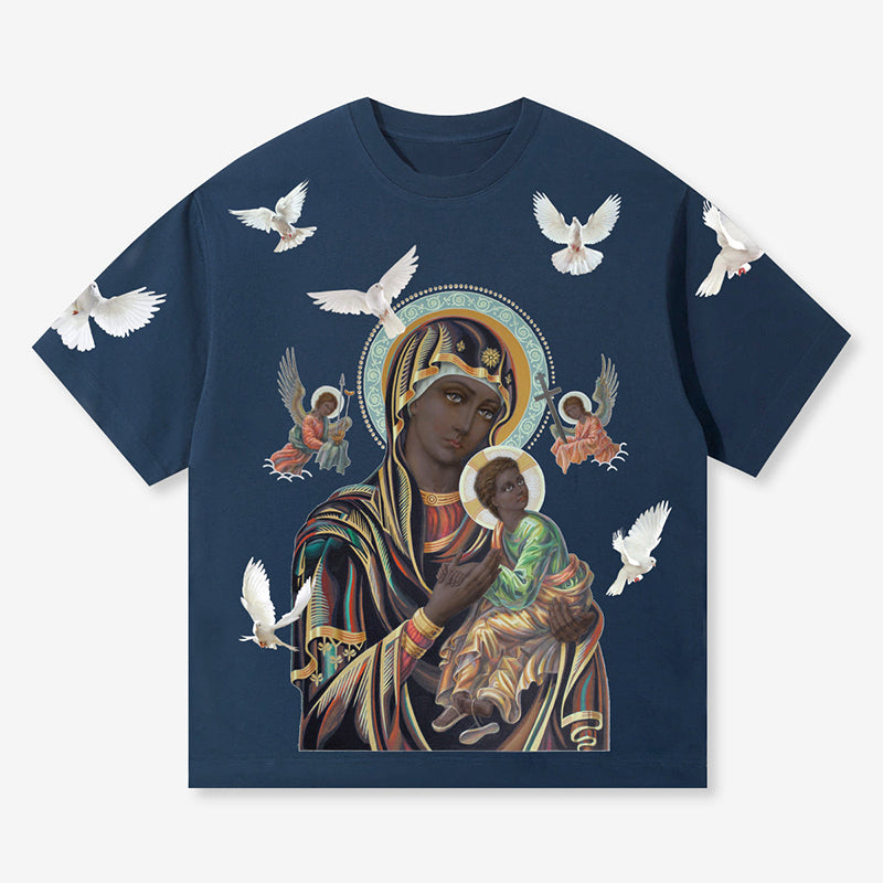 Vintage Unisex Black Madonna And Child Graphic Cotton T-Shirt