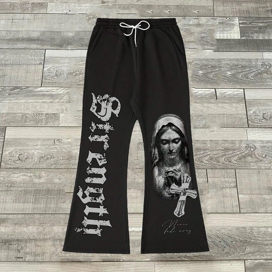 Vercoo Vintage Strength Never Fade Away Graphic Flared Sweats Trousers