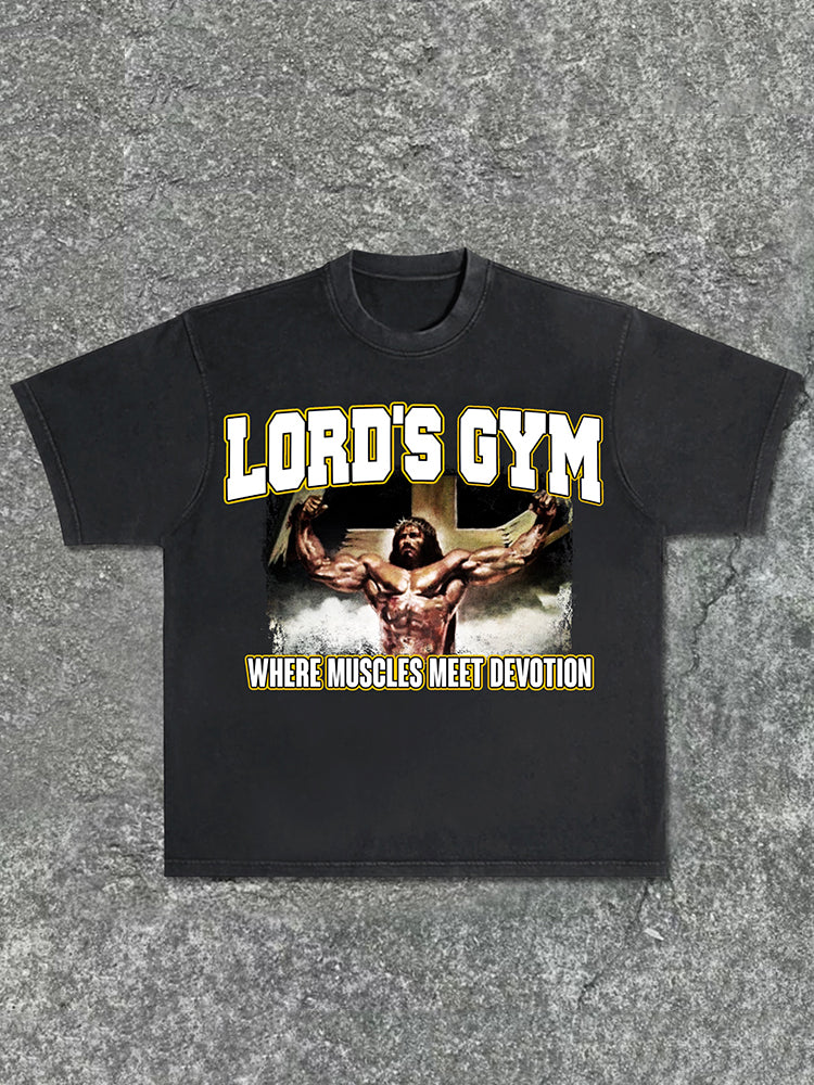 Jesus God Gospel Sports Letters - Lord's Gym - Printed Pattern Acid Washed T-Shirt