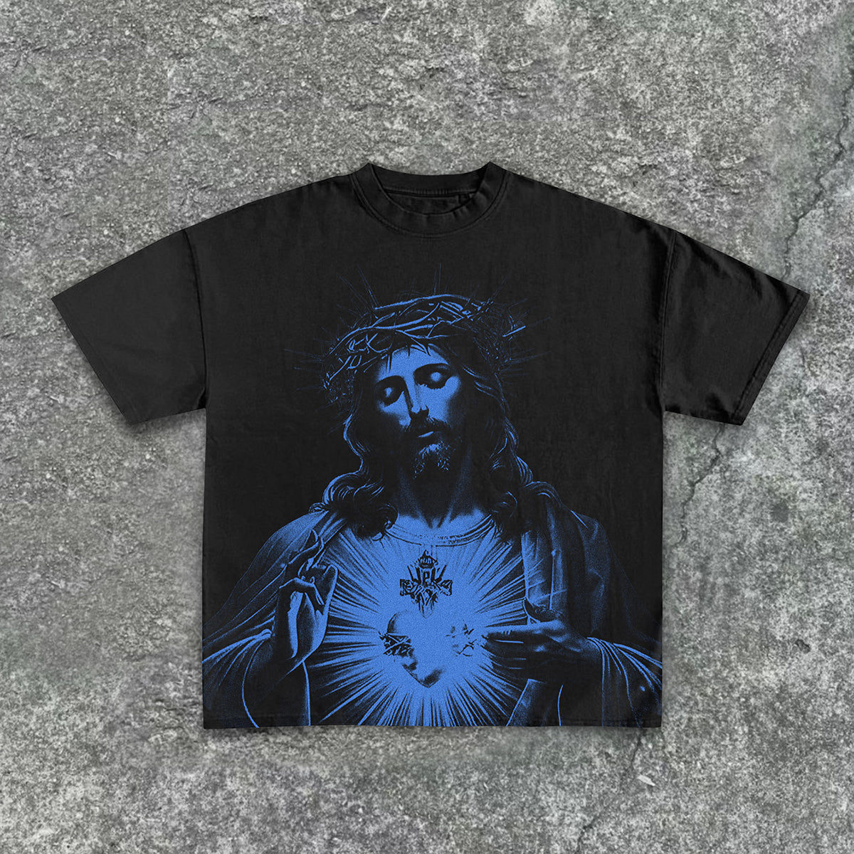 Vintage Jesus Print Round Neck Cotton T-Shirt