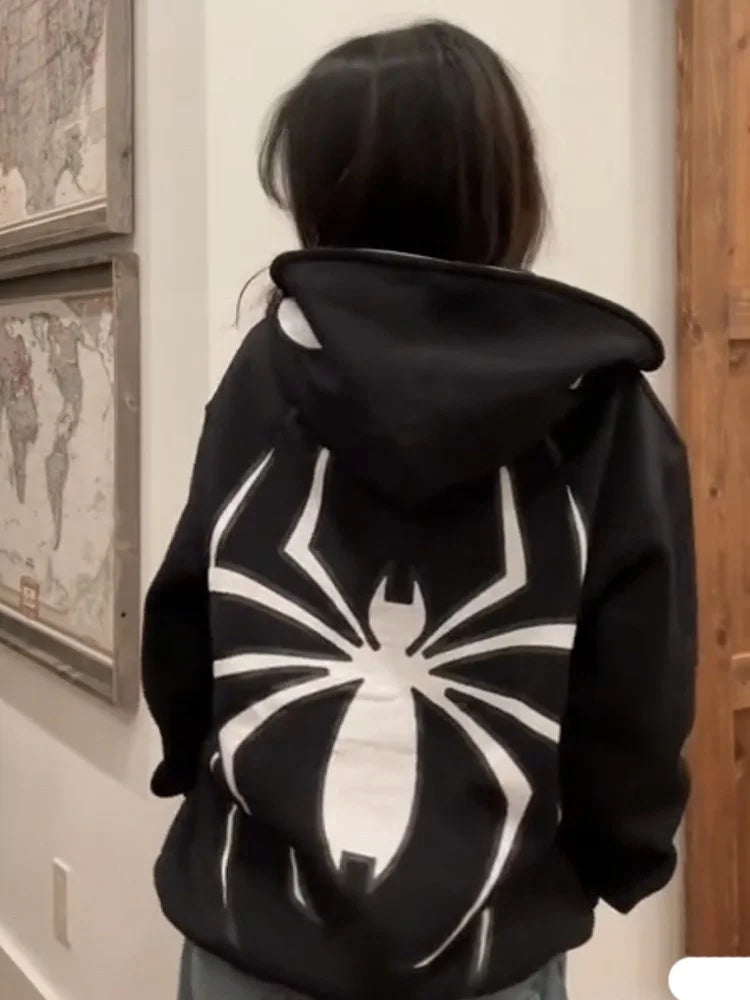 Vercoo Y2k Spider Print Graphic Couple Pullover Hoodie