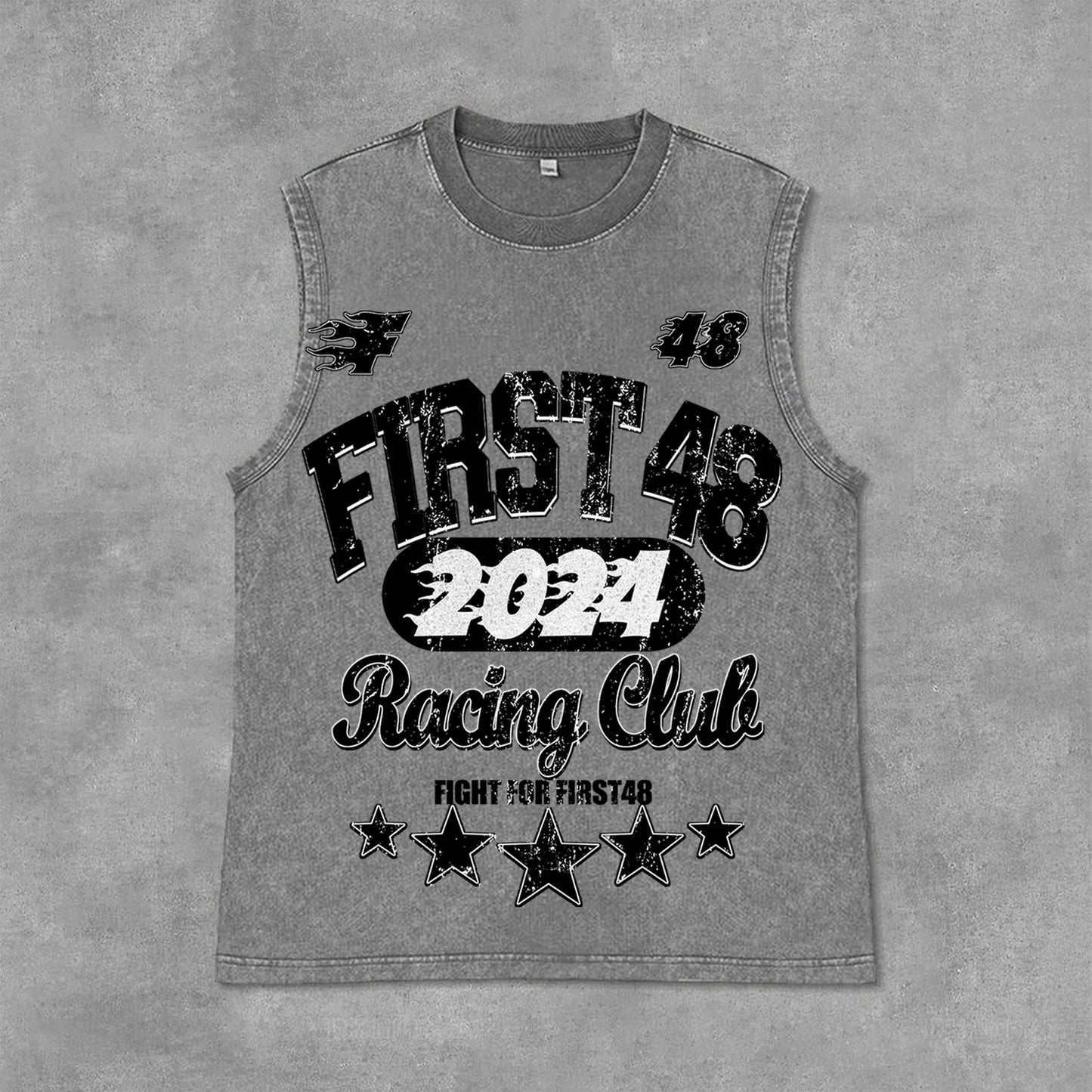 Vercoo Vintage Street First48 Racing Graphic Print Acid Washed Sleeveless Tank Top