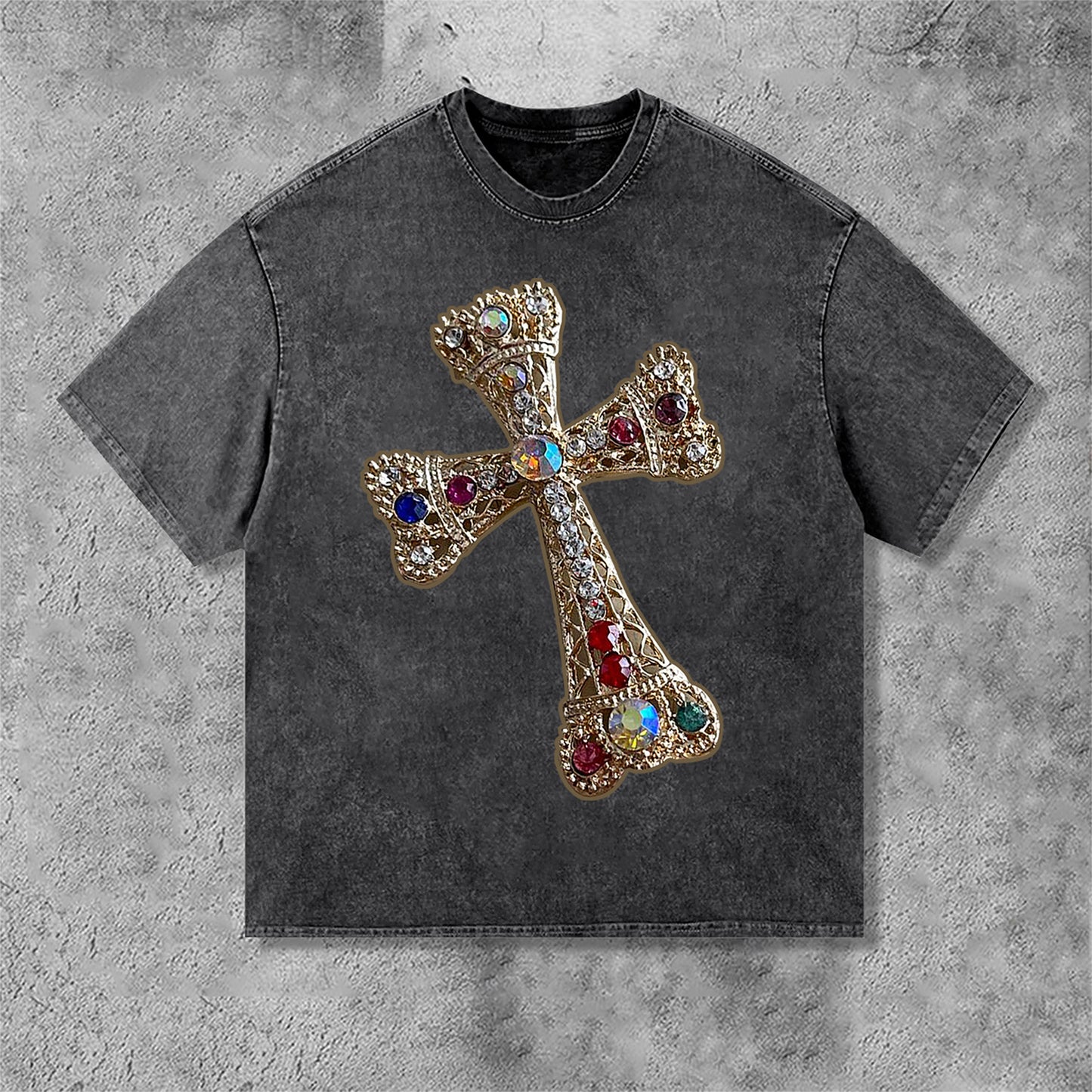 Diamond Cross Graphic Print Acid Washed T-Shirt