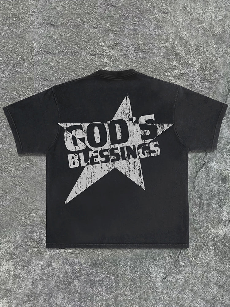 Men's God S Blessings Alphabet Slogan Print Acid Washed T-Shirt