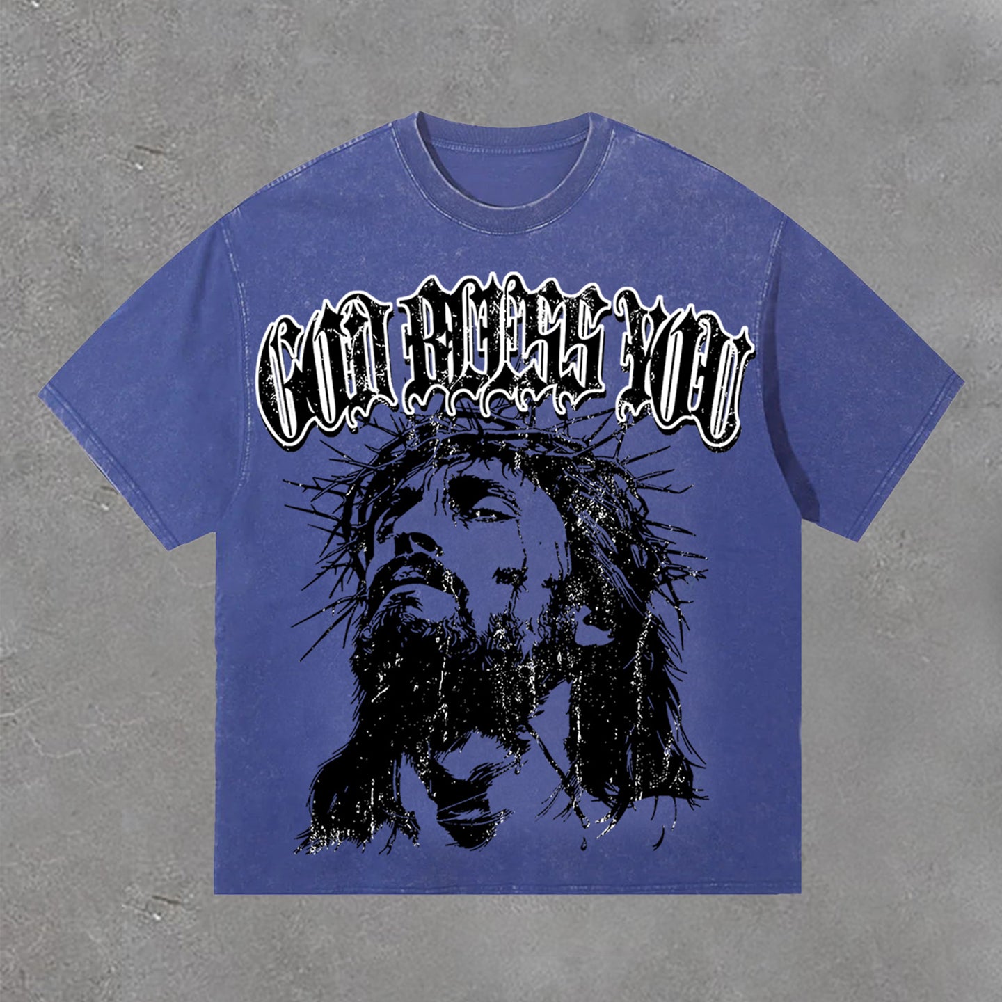 Vintage Jesus Portrait God Bless You Print Acid Washed T-Shirt