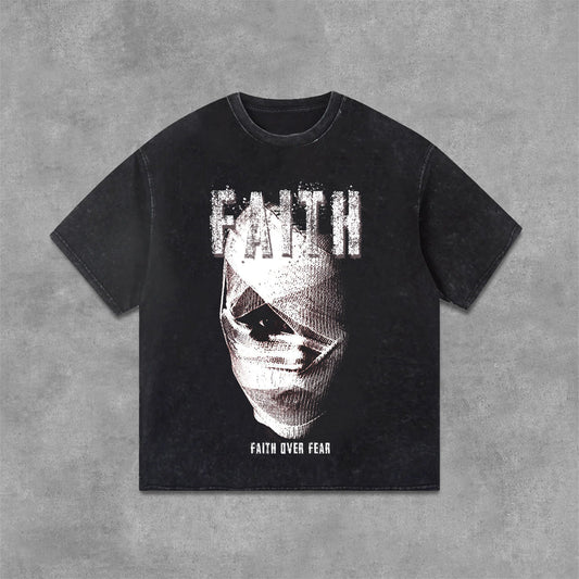 Vercoo Vintage Mummy Faith Over Fear Graphic Print Acid Washed T-Shirt