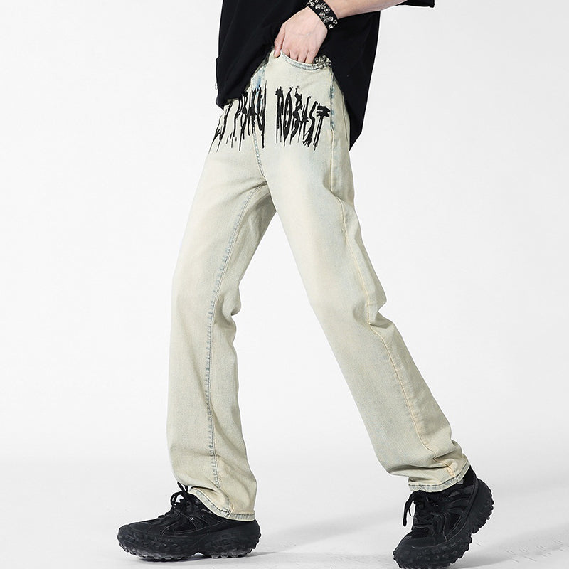 American High Street Graffiti Letters Washed Distressed Jeans