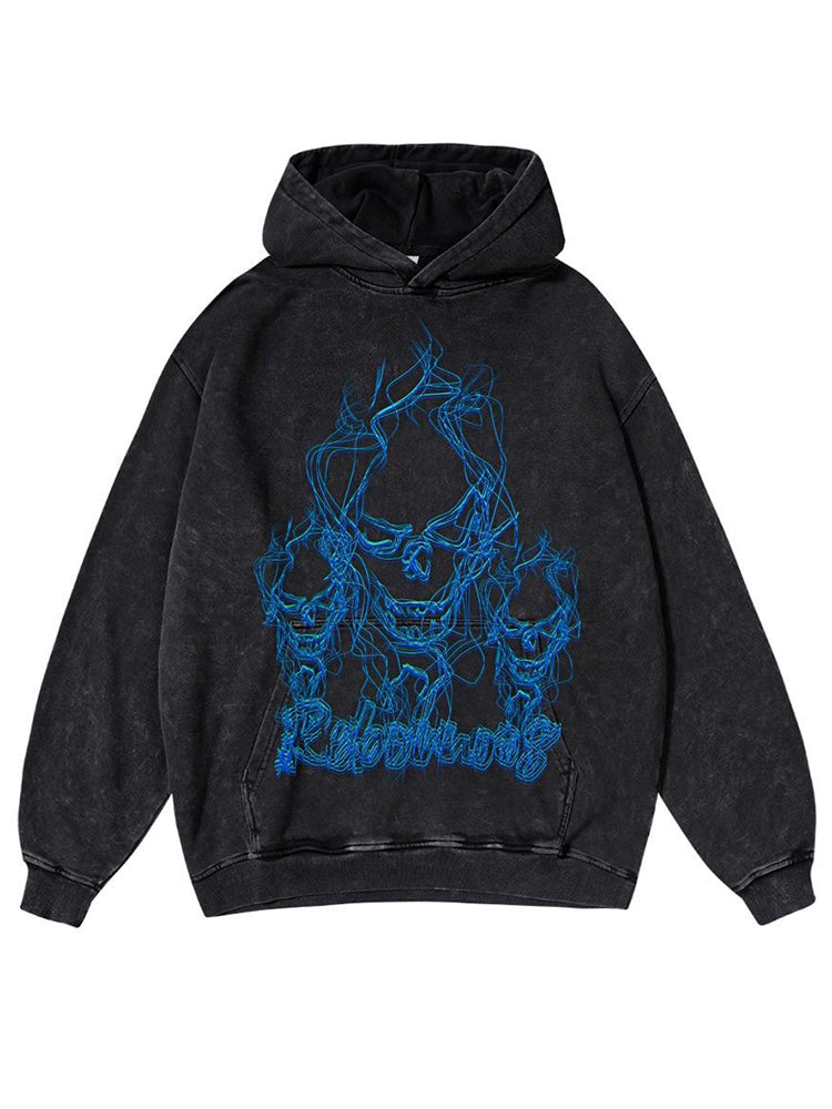 Flame Skull Casual Graphic Washed Hoodie