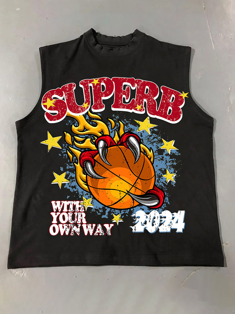 Men's Casual Street Basketball Fire Print Cotton Tank Top