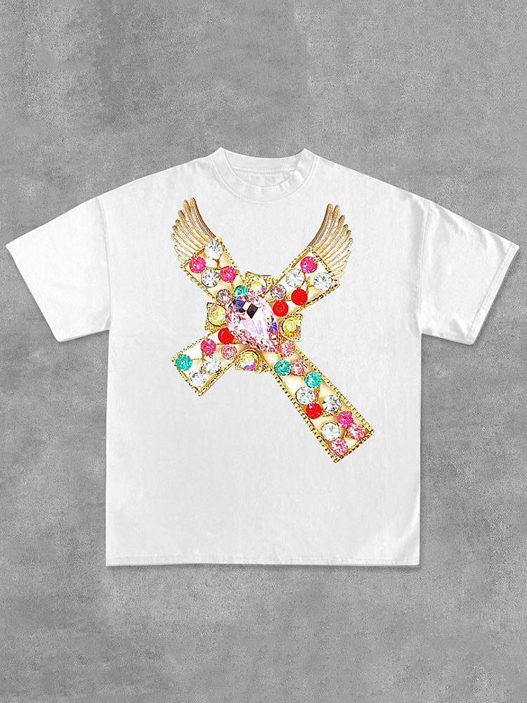 Diamond Cross Graphic Print Casual Cotton T-Shirt