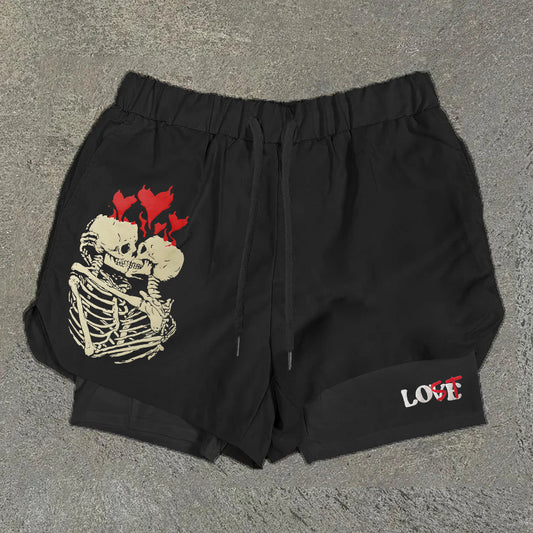 Vercoo Your Lost Without Me X Skull Print Graphic Double Layer Men's Gym Shorts