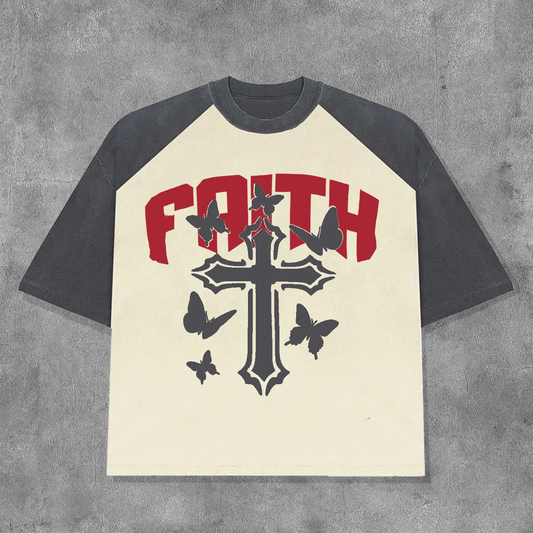 Vintage Faith Cross Butterfly Contrast Color Graphics Printed Cotton T-Shirt