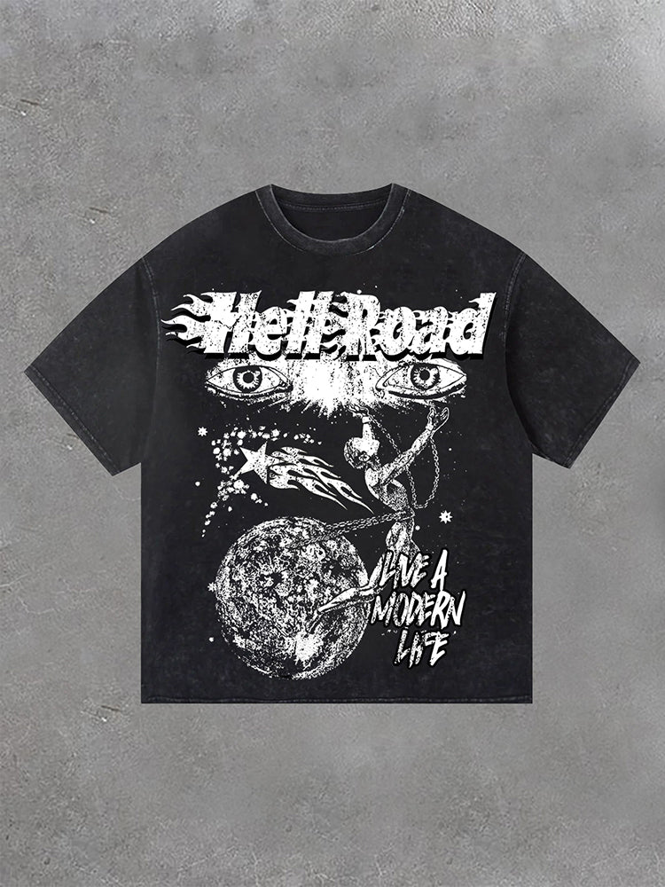 Hell Road Retro Portrait Earth Graphic Print Acid Washed T-Shirt