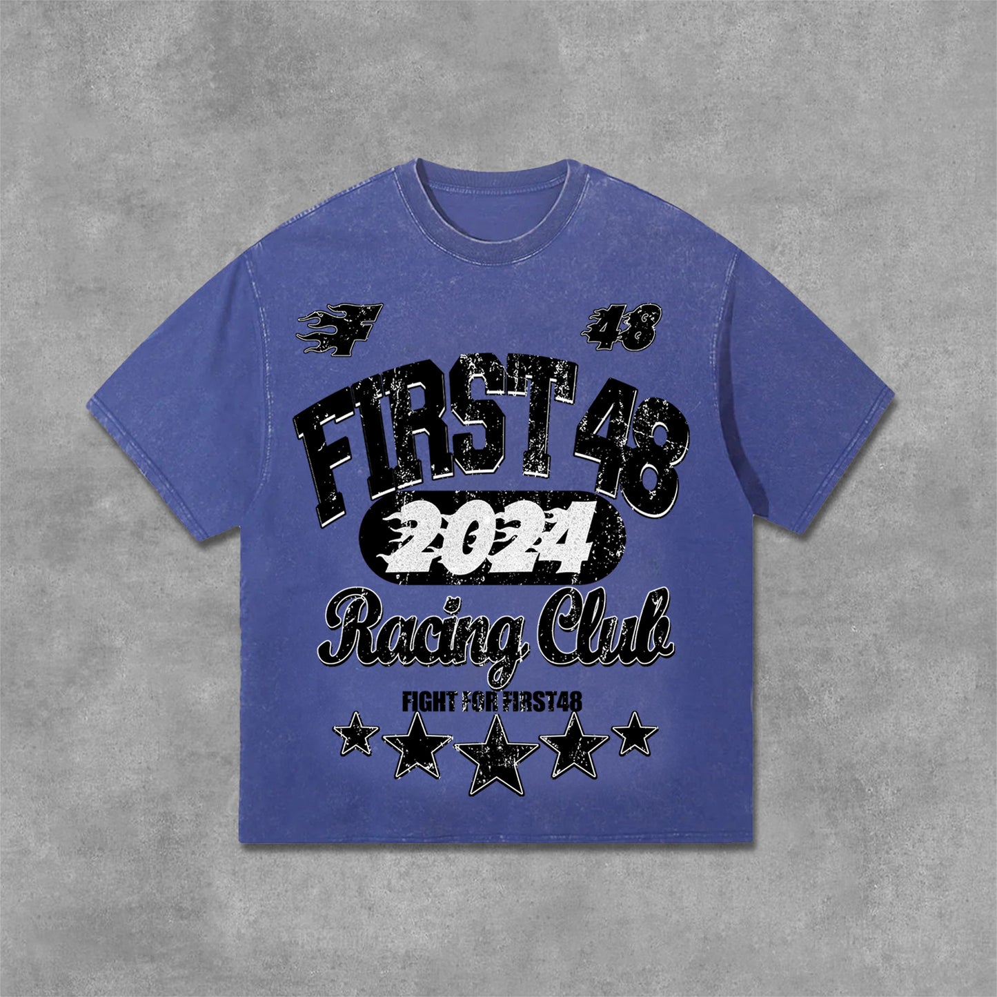 Vercoo Vintage Street First48 Racing Graphic Print Washed T-Shirt