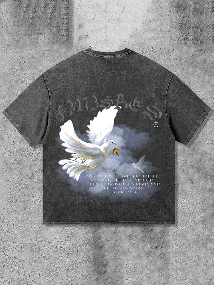 Vercoo Vintage White Dove Print Washed T-Shirt