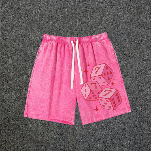 Pink 777 Fun Dice Print Acid Washed Drawstring Shorts