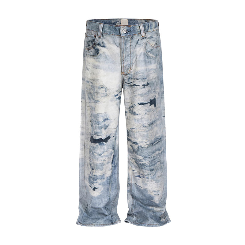 Men's Retro American Oil Painting 3d Printed Washed Ripped Straight Jeans