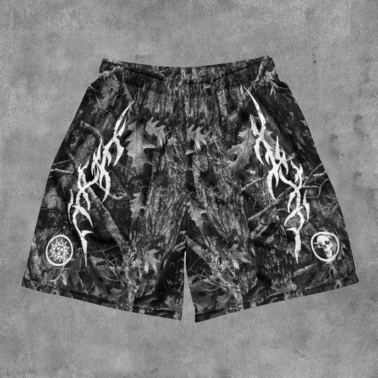 Vintage Y2k Flame Jungle Graphics Camouflage Mesh Shorts