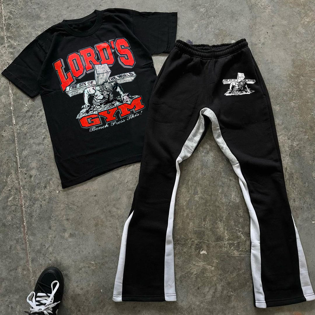 Casual Lord S Gym Print Tee & Flared Trousers Two Piece Set