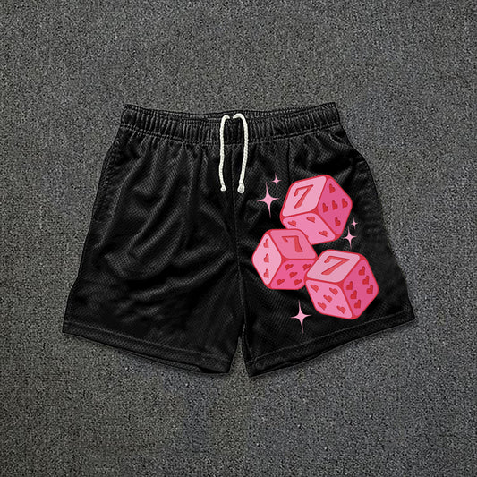 Pink 777 Fun Dice Print Drawstring Mesh Shorts