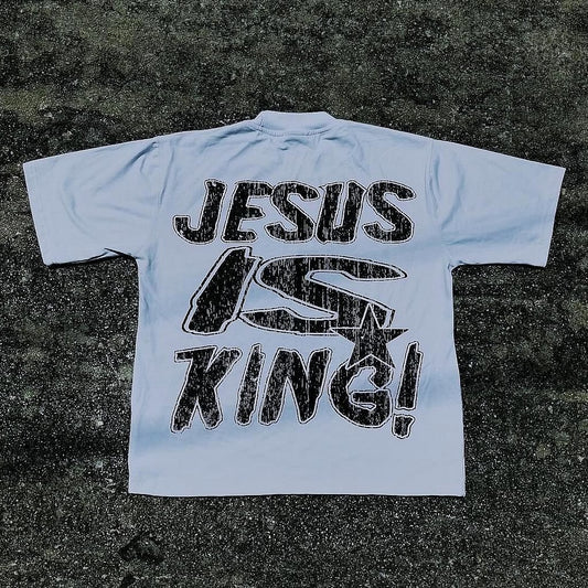 Vintage Jesus Is King Pray On It Graphic Cotton T-Shirt