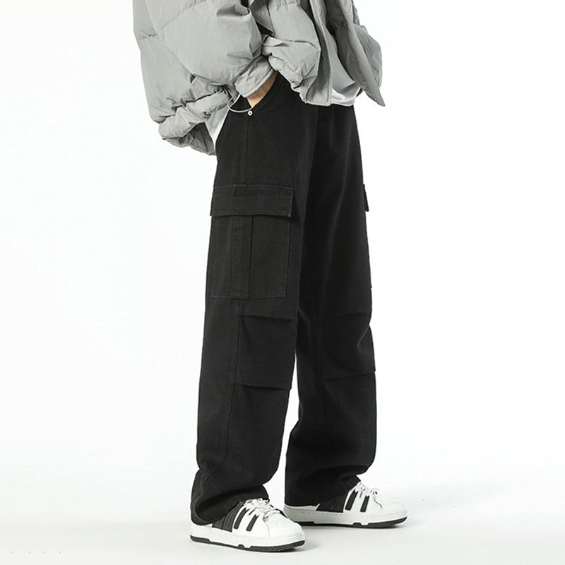 Men's Trendy Loose Wide-Leg Multi-Pocket Straight Pleated Work Pants