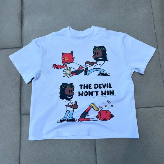 Vintage The Devil Won T Win Graphics Printed Cotton T-Shirt