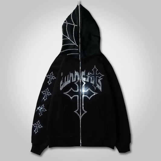 Hot Diamond Cross & Spider Graphic Zip Up Hoodie