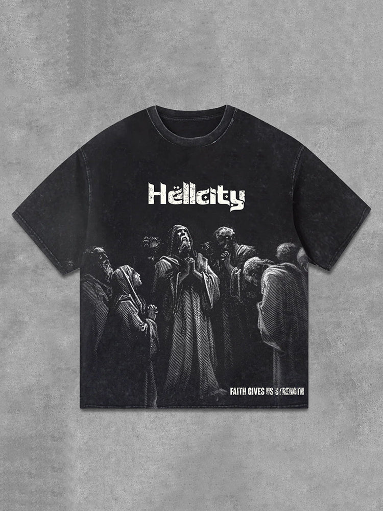 Hellcity-Belief In God Graphics Acid Washed T-Shirt