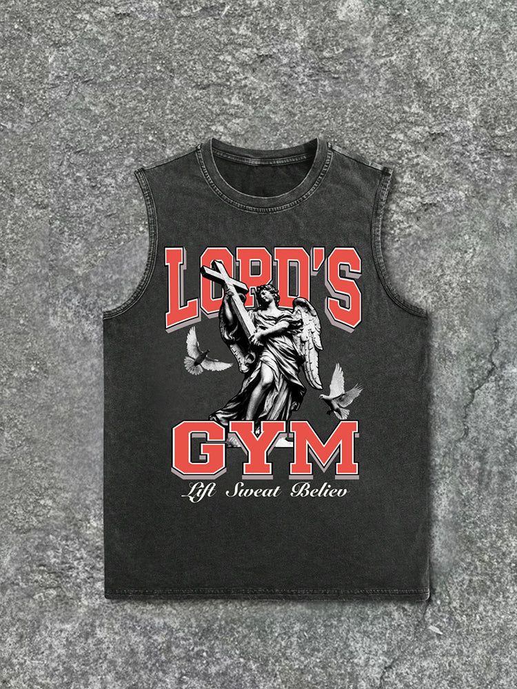 Jesus God Gospel Sports Letters - Lord's Gym - Printed Pattern Vintage Wash Sleeveless Tank Top