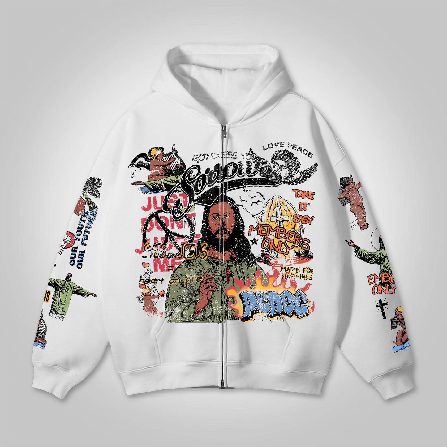 Jesus Multi-Element Print Graphic Loose Velvet Pocket Zip Hoodie