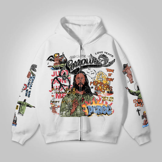 Jesus Multi-Element Print Graphic Loose Velvet Pocket Zip Hoodie