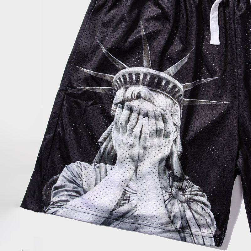 Crying Statue Of Liberty Print Graphic Men's Mesh Shorts