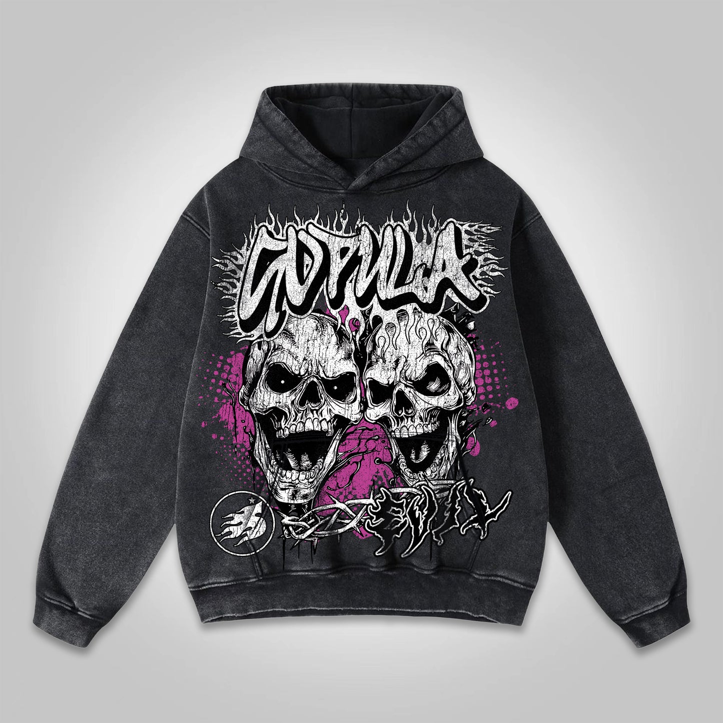 Vercoo You Better Know Evil Skull Graphic Washed Pocket Hoodie