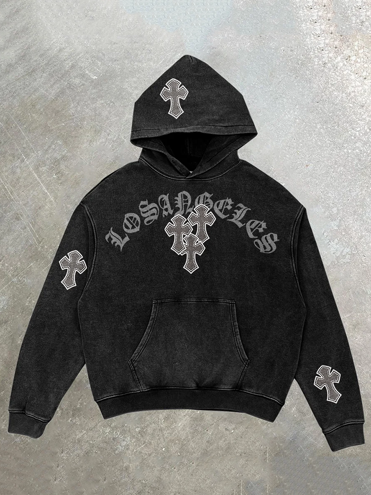 Vintage Faith Cross Graphic Acid Wash Black Hoodie