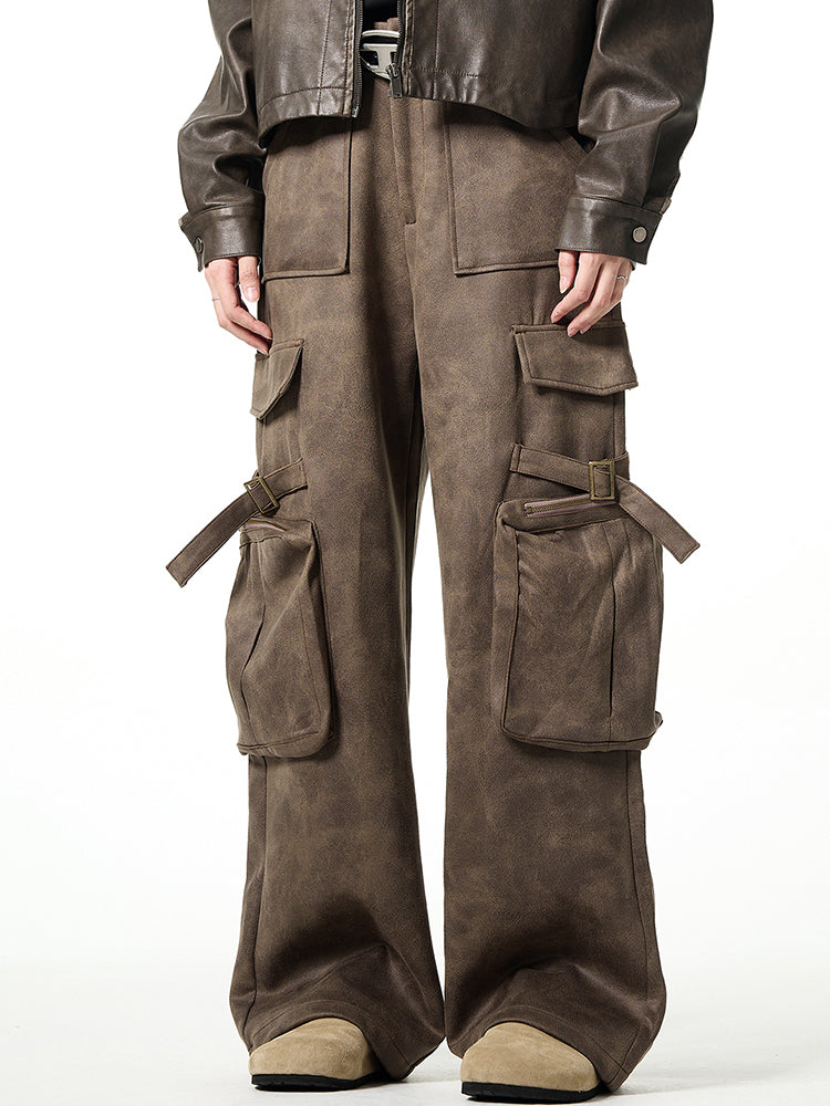 Vintage Coffee Washed Pocket Casual Cargo Pants