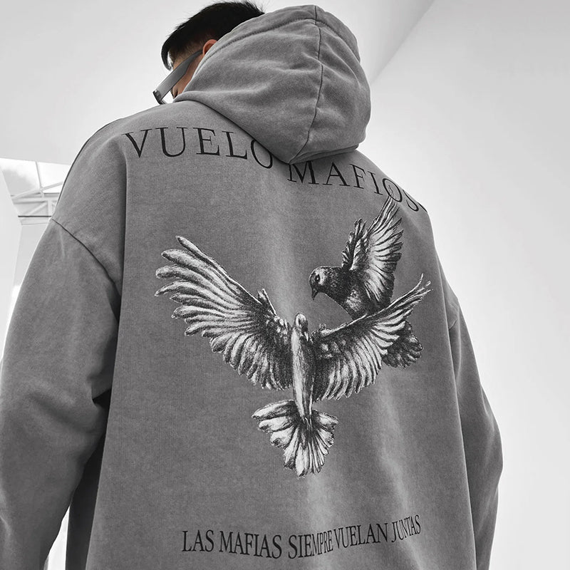 Oversize Vintage Peace Dove Graphic Print Hoodie