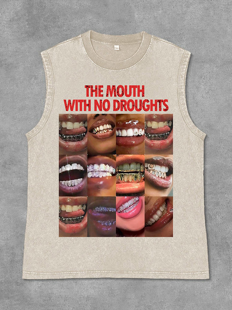 Vintage Lips Graphic The Mouth With No Droughts Print Acid Washed Sleeveless Tank Top