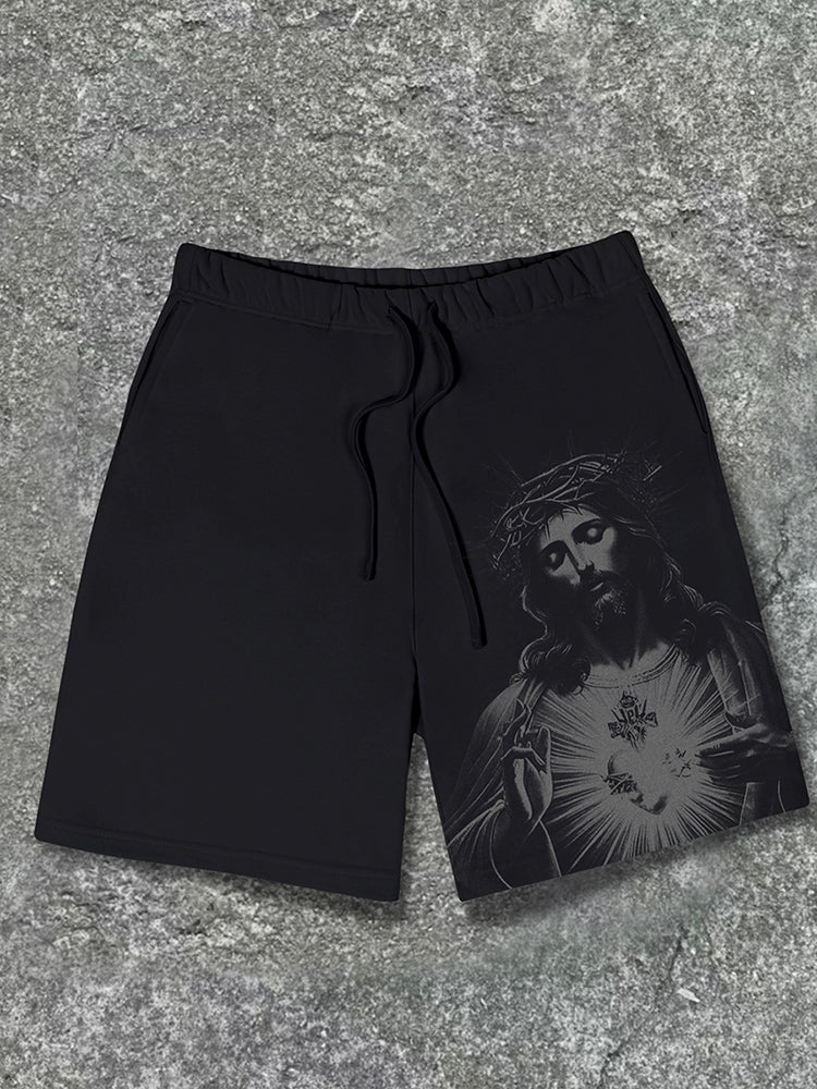 Casual Drawstring Vintage Jesus Print Shorts