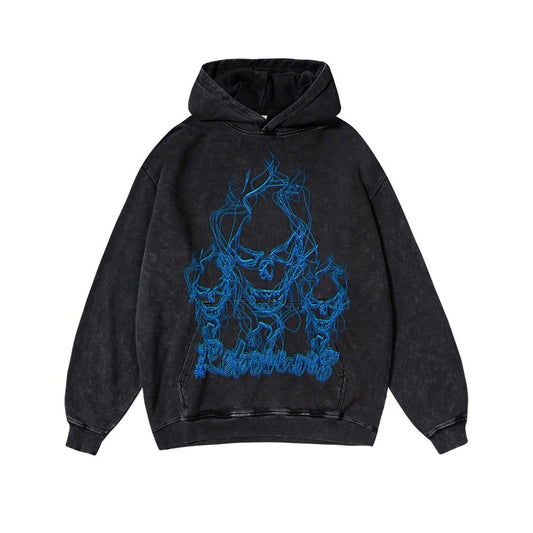 Flame Skull Casual Graphic Washed Hoodie