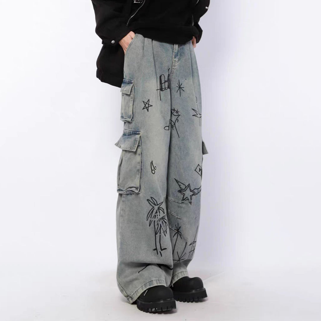 Men's Retro Graffiti Cartoon Loose Straight Work Jeans