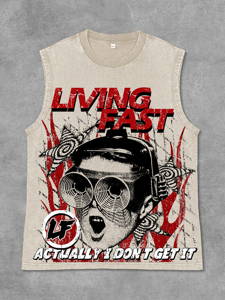 Vintage Portrait Living Fast Graphic Print Acid Washed Sleeveless Tank Top