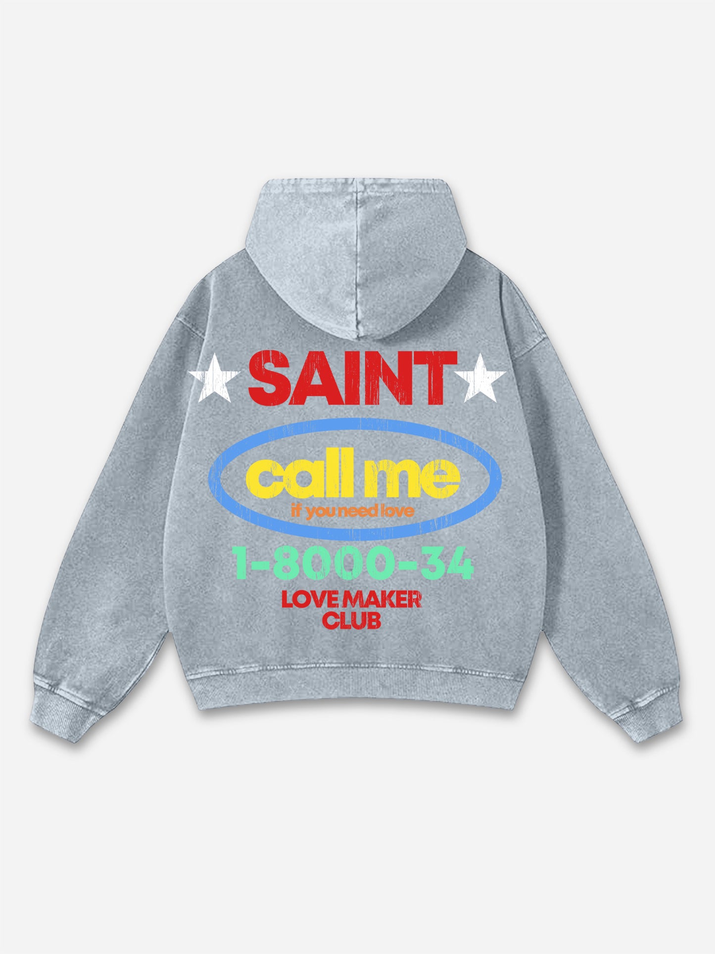 Vercoo Vintage Saint Call Me If You Need Love Graphic Acid Washed Oversized Hoodie