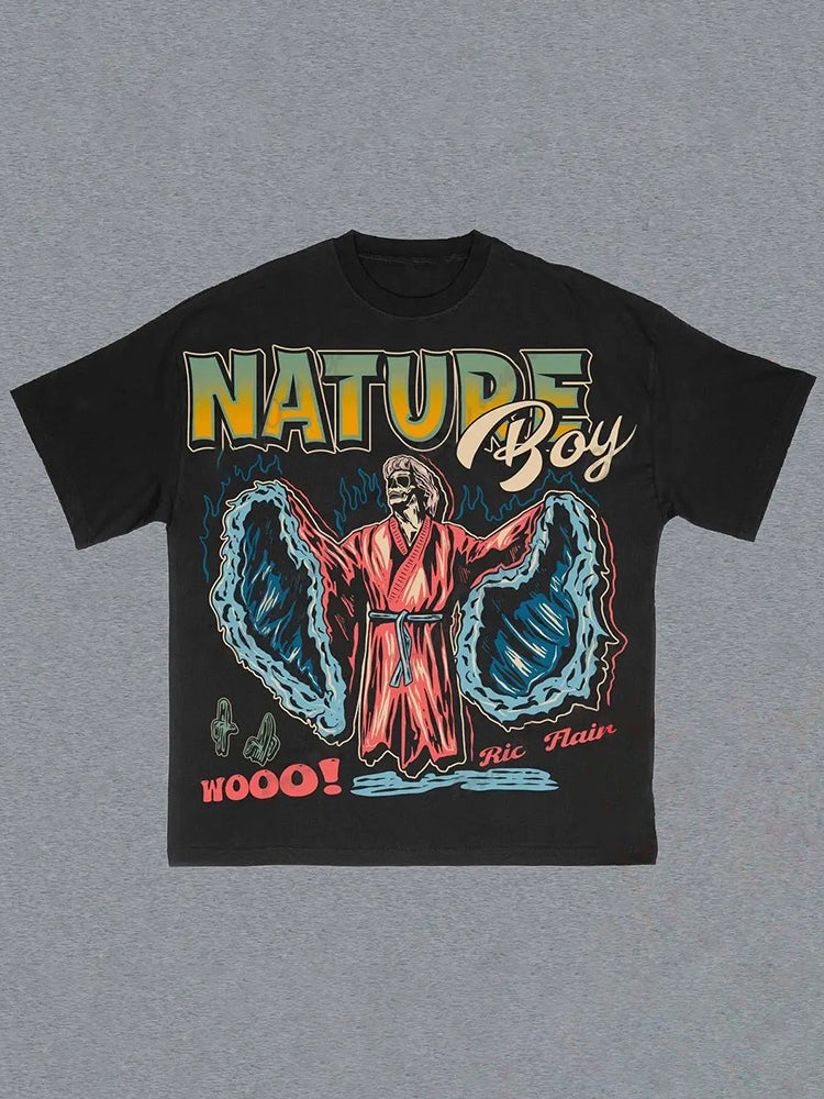 Vercoo Vintage Nature Boy Graphic Printed Cotton Short Sleeve T-Shirt