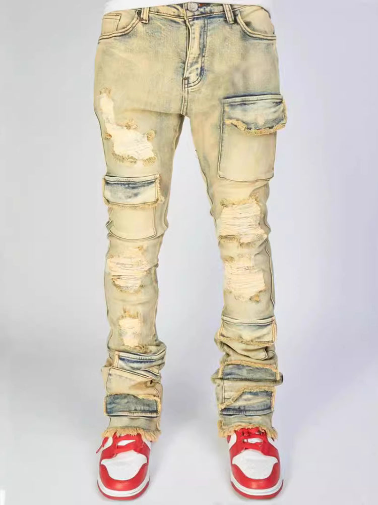 Men's Hiphop Fashion Stretch Ripped Denim Layered Jeans