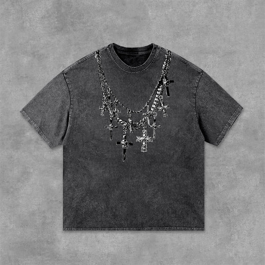 Vintage Christian & Cross Necklace Print Acid Washed T-Shirt