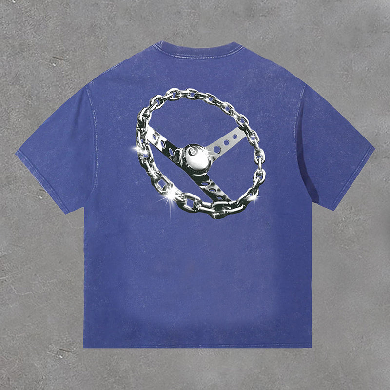 Vercoo Vintage Unisex Chain-Link Graphic Washed T-Shirt